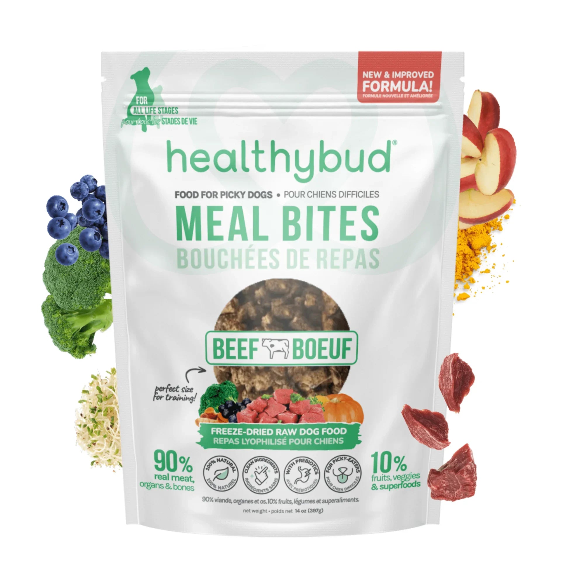 Healthybud beef meal bites freeze-dried raw dog food with fruits and veggies on white background