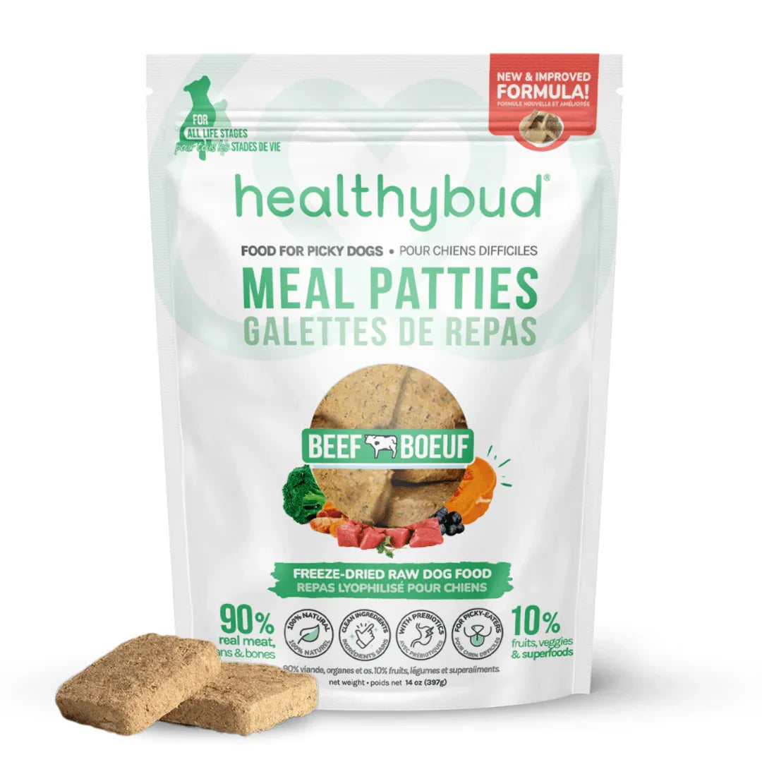 Healthybud beef meal patties freeze-dried raw dog food bag with patties in front