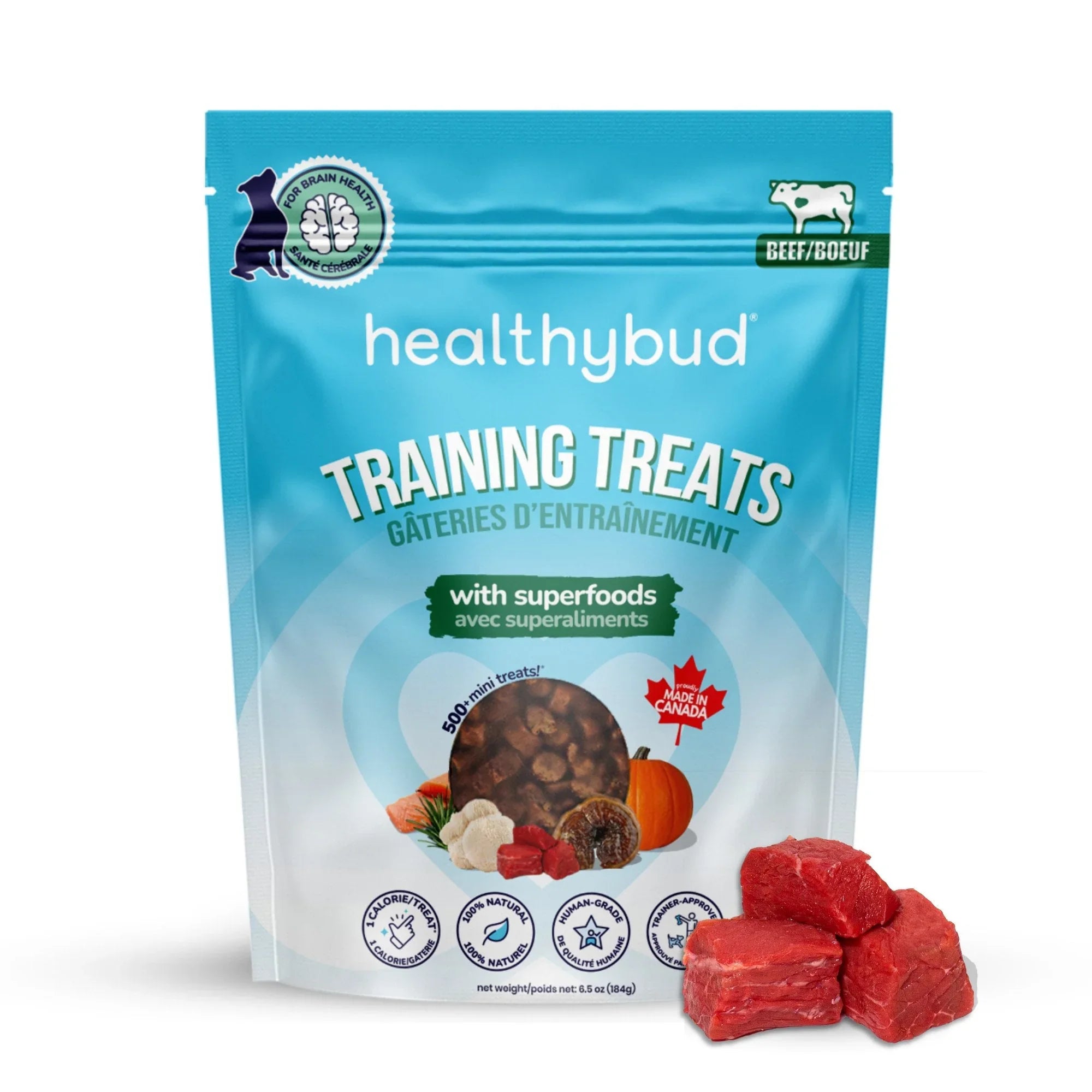 Healthybud beef mini training treats for dogs with superfoods, packaging and beef cubes