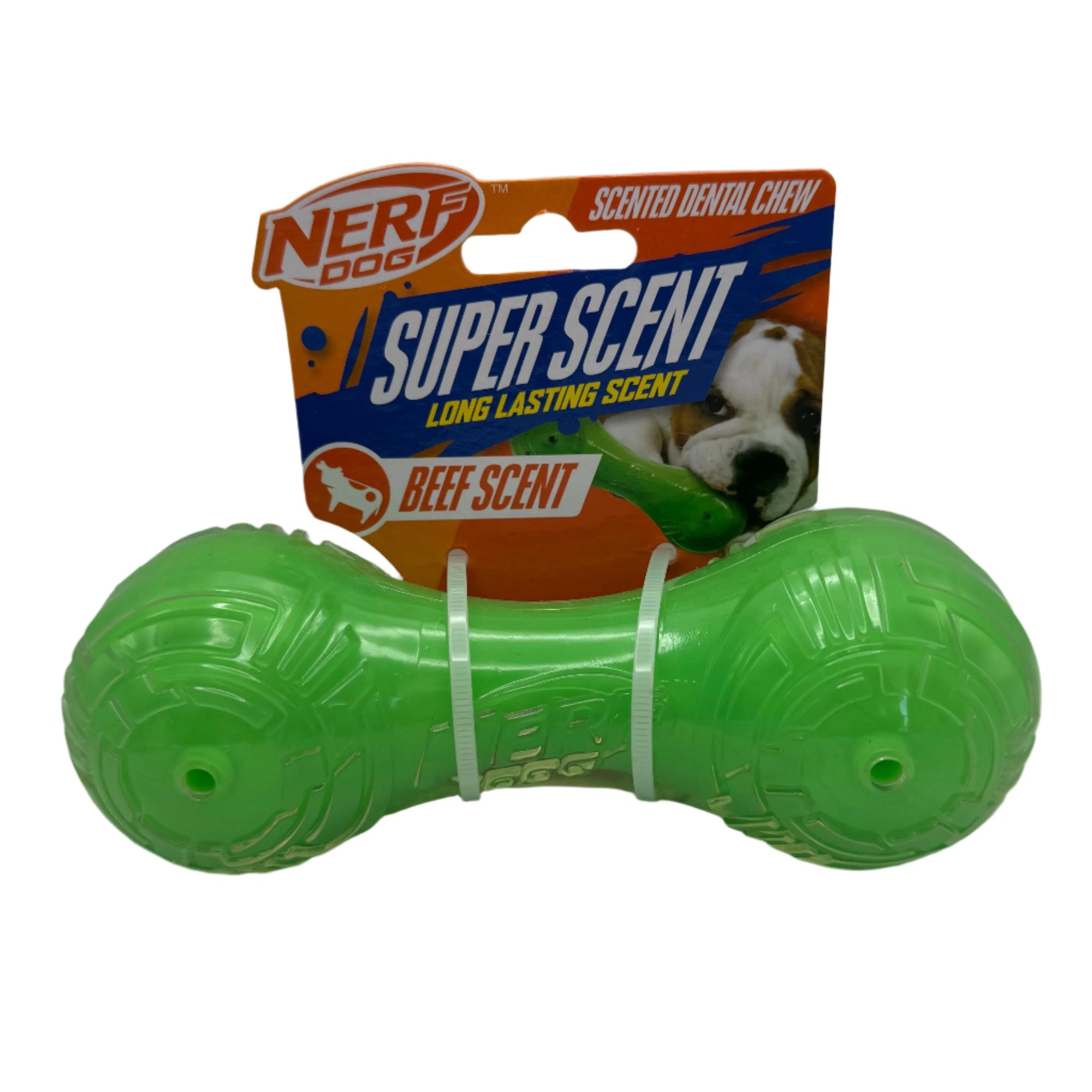 Green Nerf Dog Super Scent beef scented dental chew toy in packaging