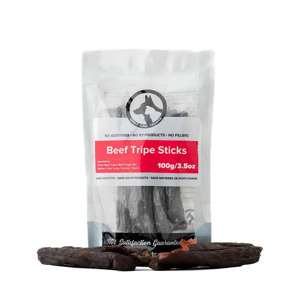 100g bag of Beef Tripe Sticks dog treats with visible tripe sticks in front