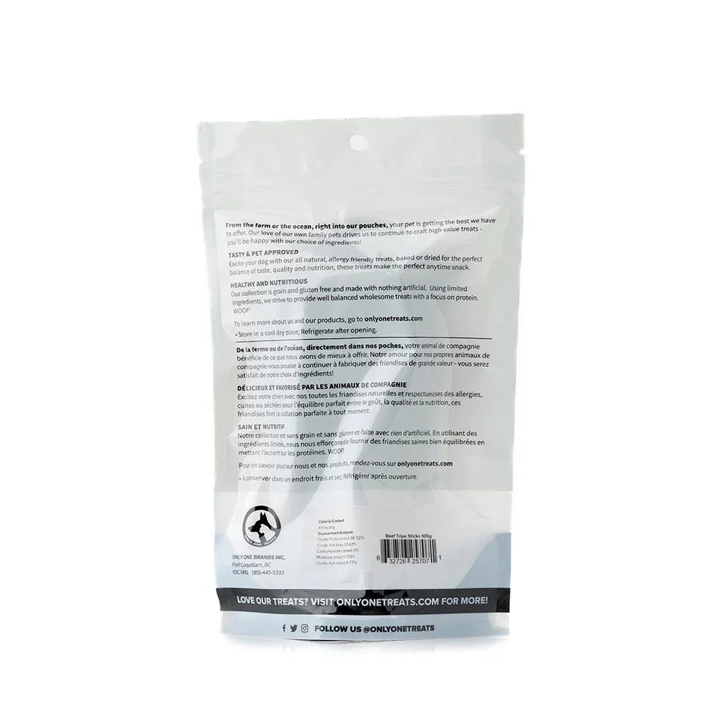 Back of Only One Treats beef tripe sticks 100g resealable bag with product details