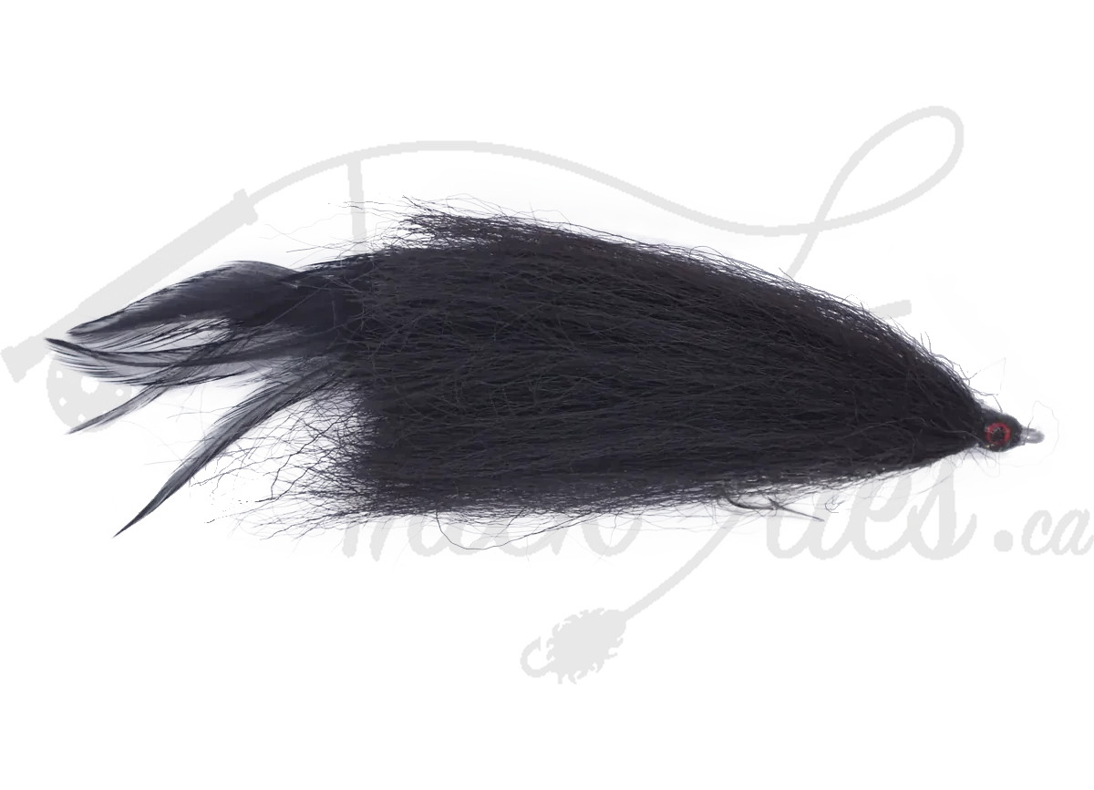 Black streamer fly fishing lure with long synthetic fibers and red accent eye