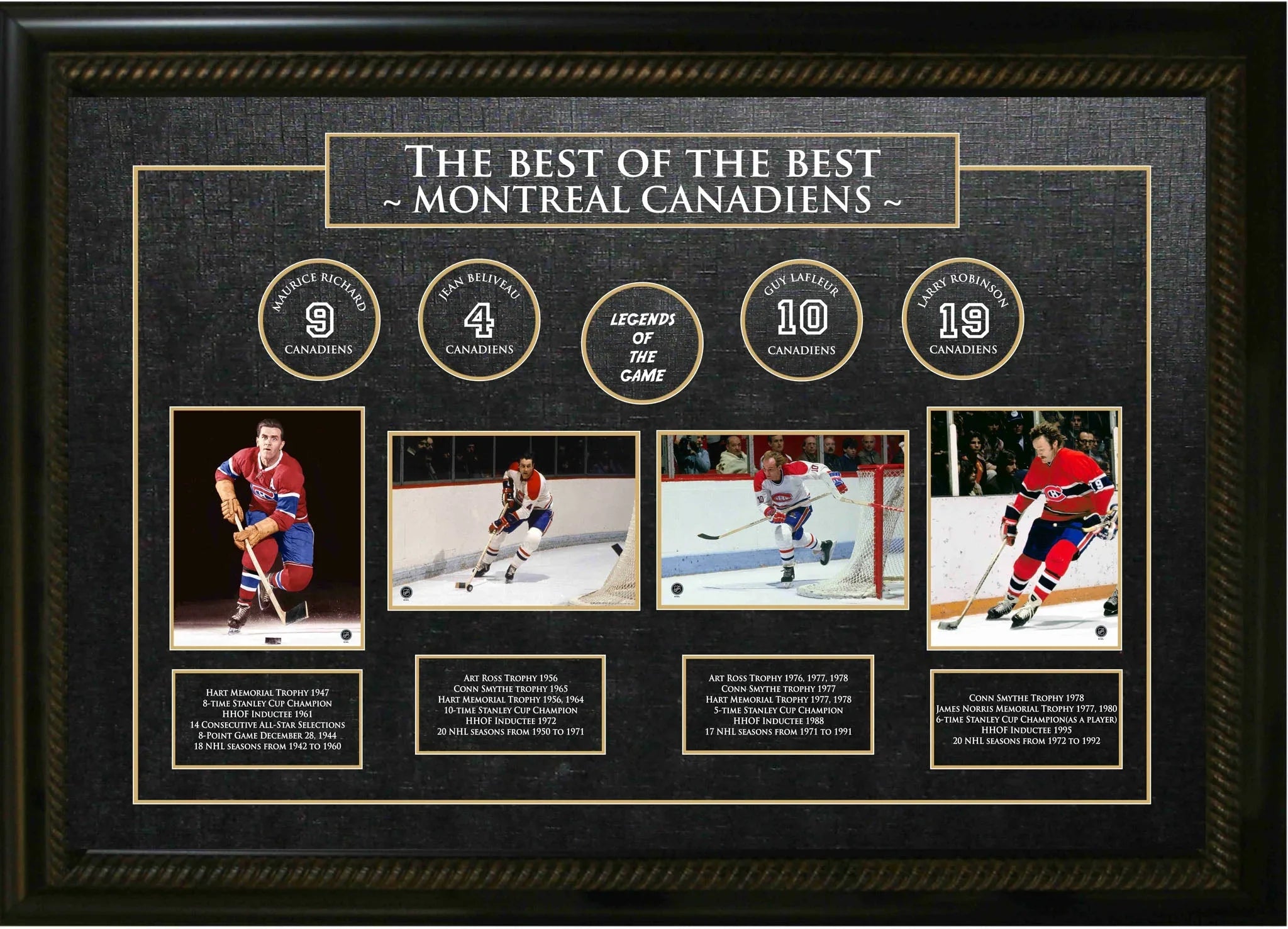 Framed collage featuring legendary Montreal Canadiens hockey players with action photos and stats.