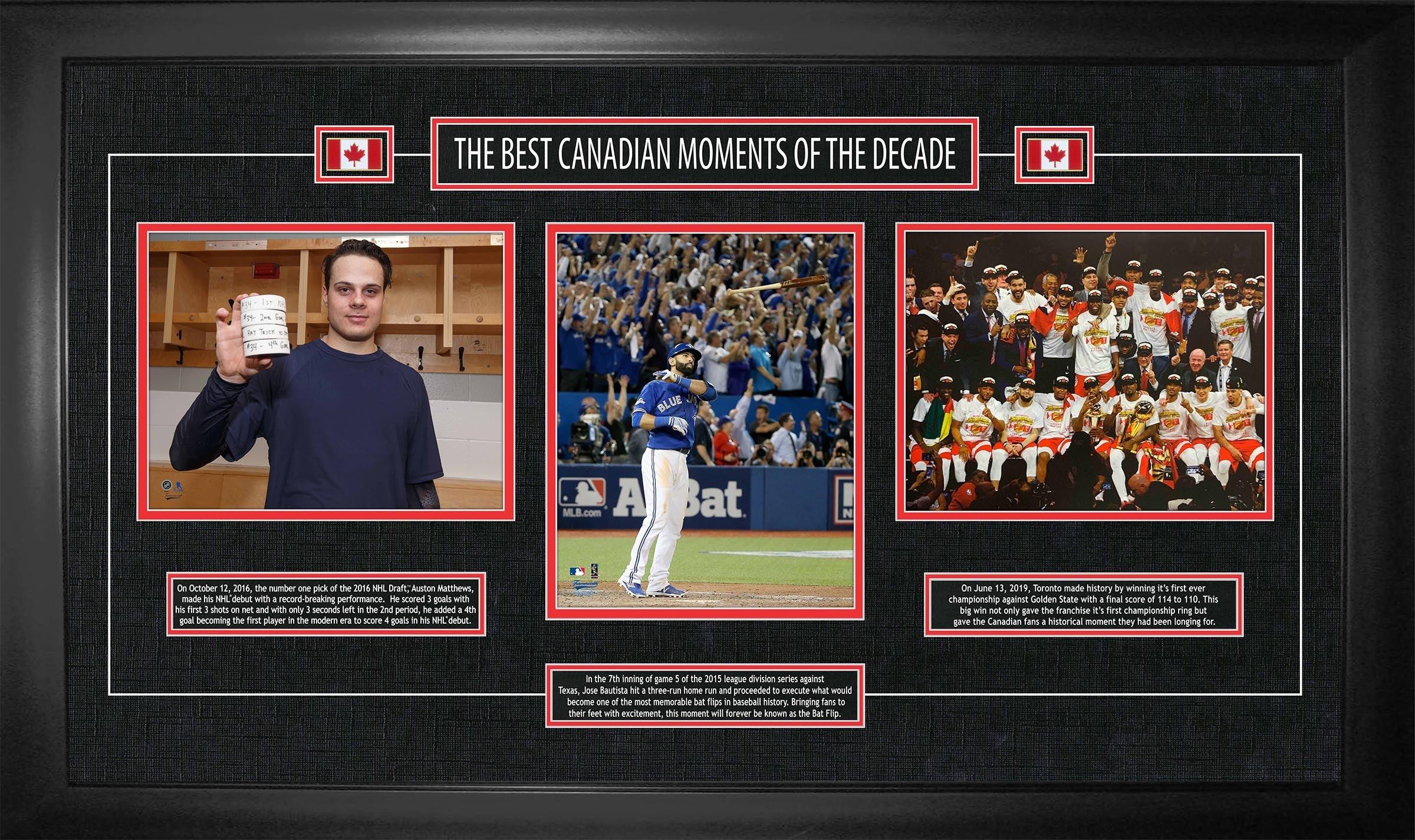 Framed collage of top Canadian sports moments featuring hockey, baseball, and basketball.