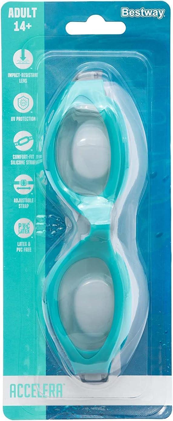 Bestway Accelera adult swimming goggles in aqua blue packaging, labeled impact-resistant lens