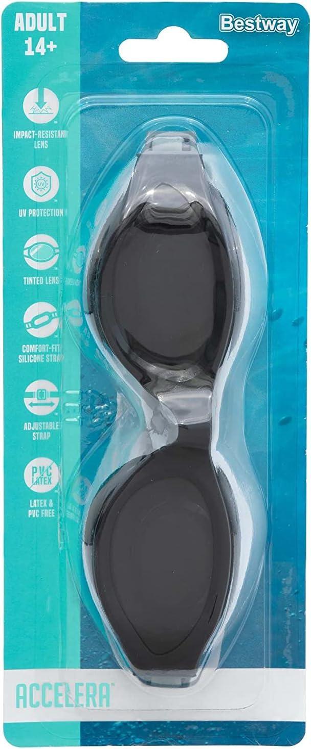 Bestway adult swimming goggles with tinted lenses in blue retail packaging