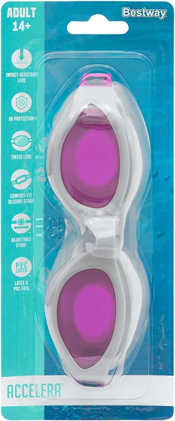 Bestway adult swimming goggles with purple tinted lenses in retail packaging