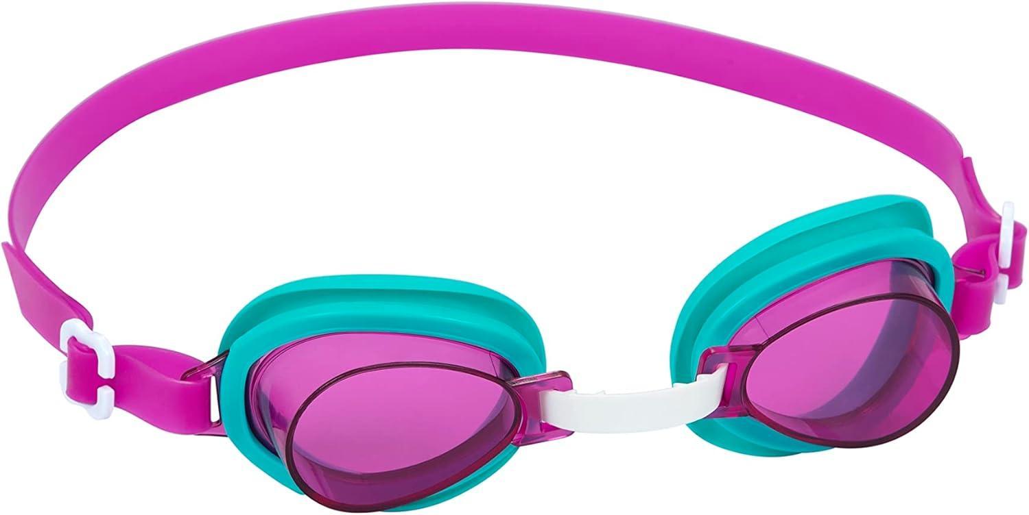 Kids swimming goggles with pink lenses, turquoise frame, and magenta adjustable strap