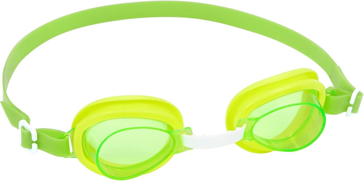 Green swimming goggles with clear lenses and adjustable strap on white background