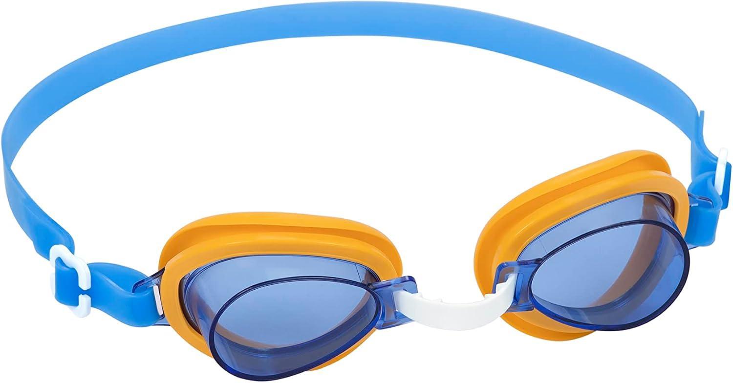 Blue and orange swimming goggles with adjustable strap on white background