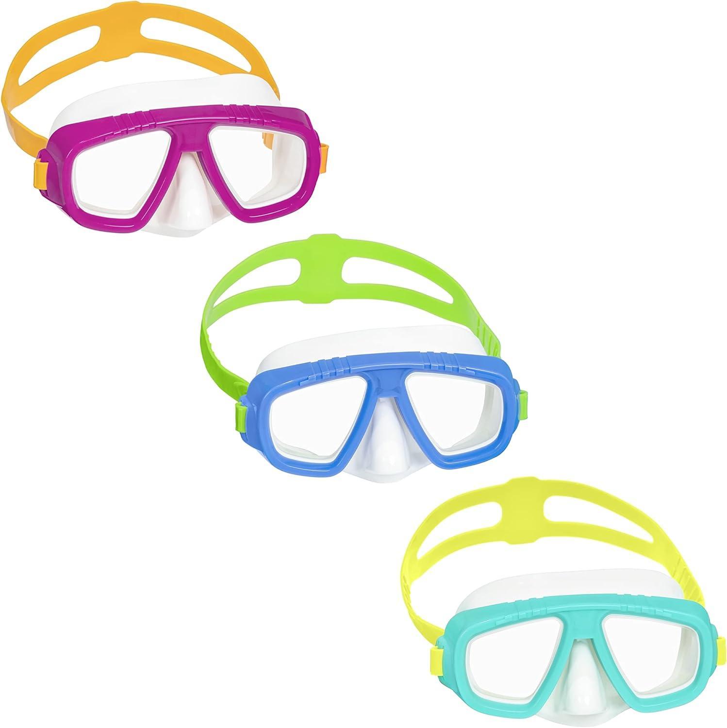 Set of three kids' swimming goggles in purple, blue, and teal with colored straps