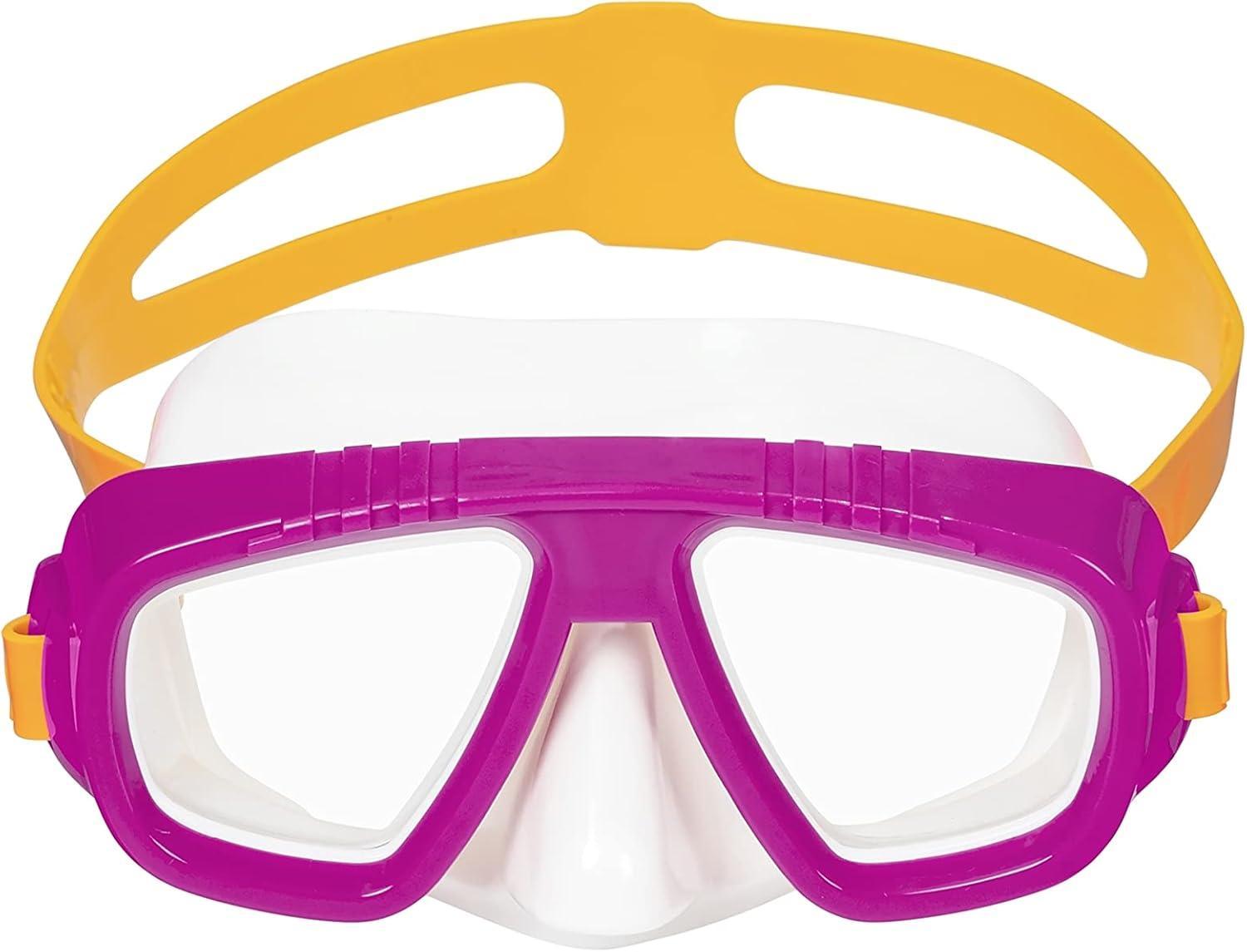 Purple swim goggles with yellow strap, snorkeling mask for kids or adults