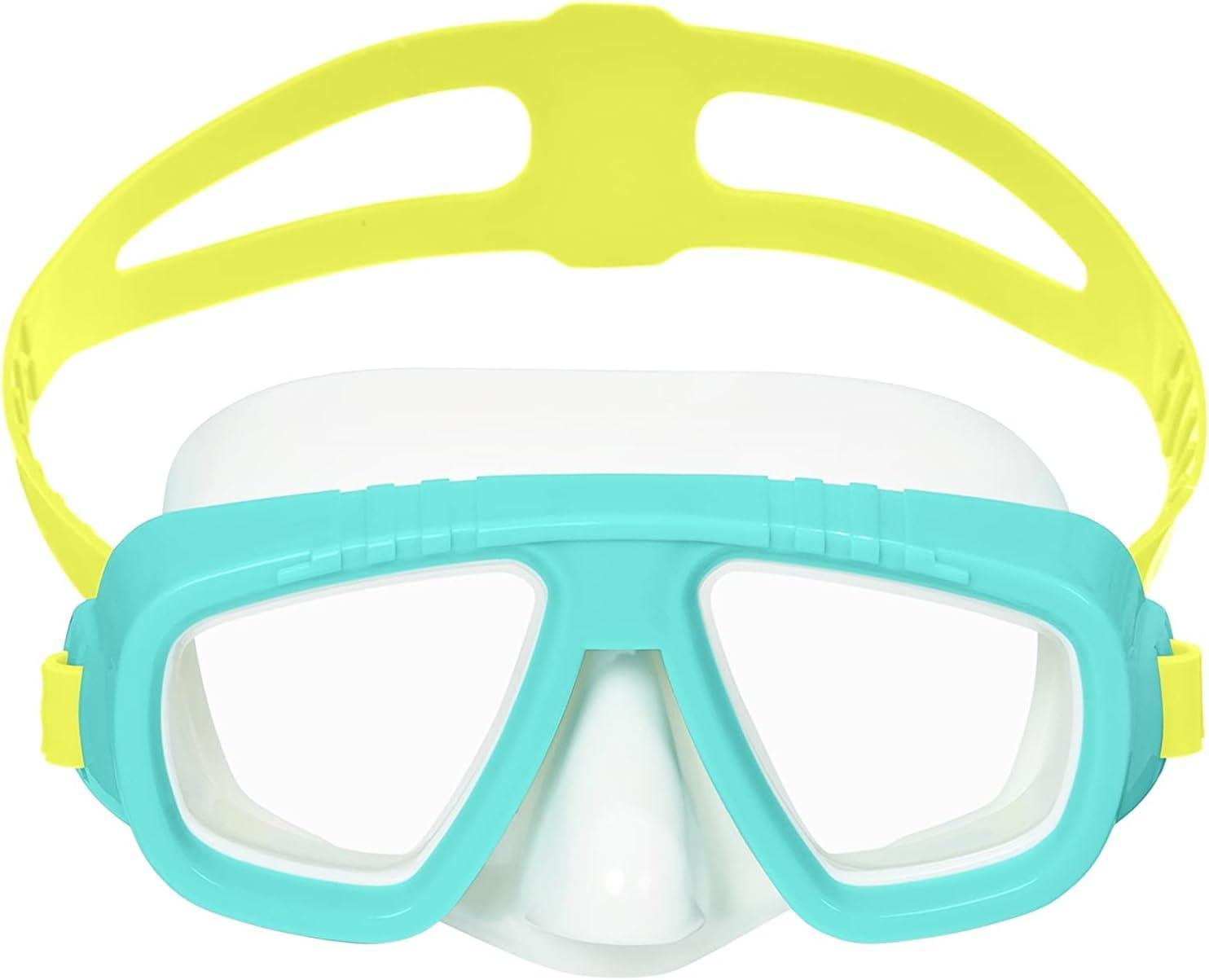 Aqua blue and yellow snorkeling mask with silicone strap, swim goggles for water sports