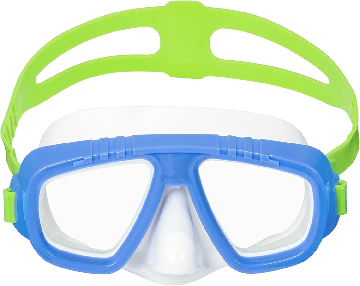 Blue and green kids swimming goggles with a wide clear lens and adjustable strap