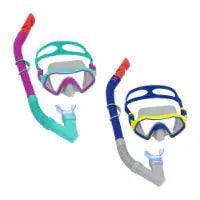 Two snorkeling mask and snorkel sets in bright colors, isolated on white background
