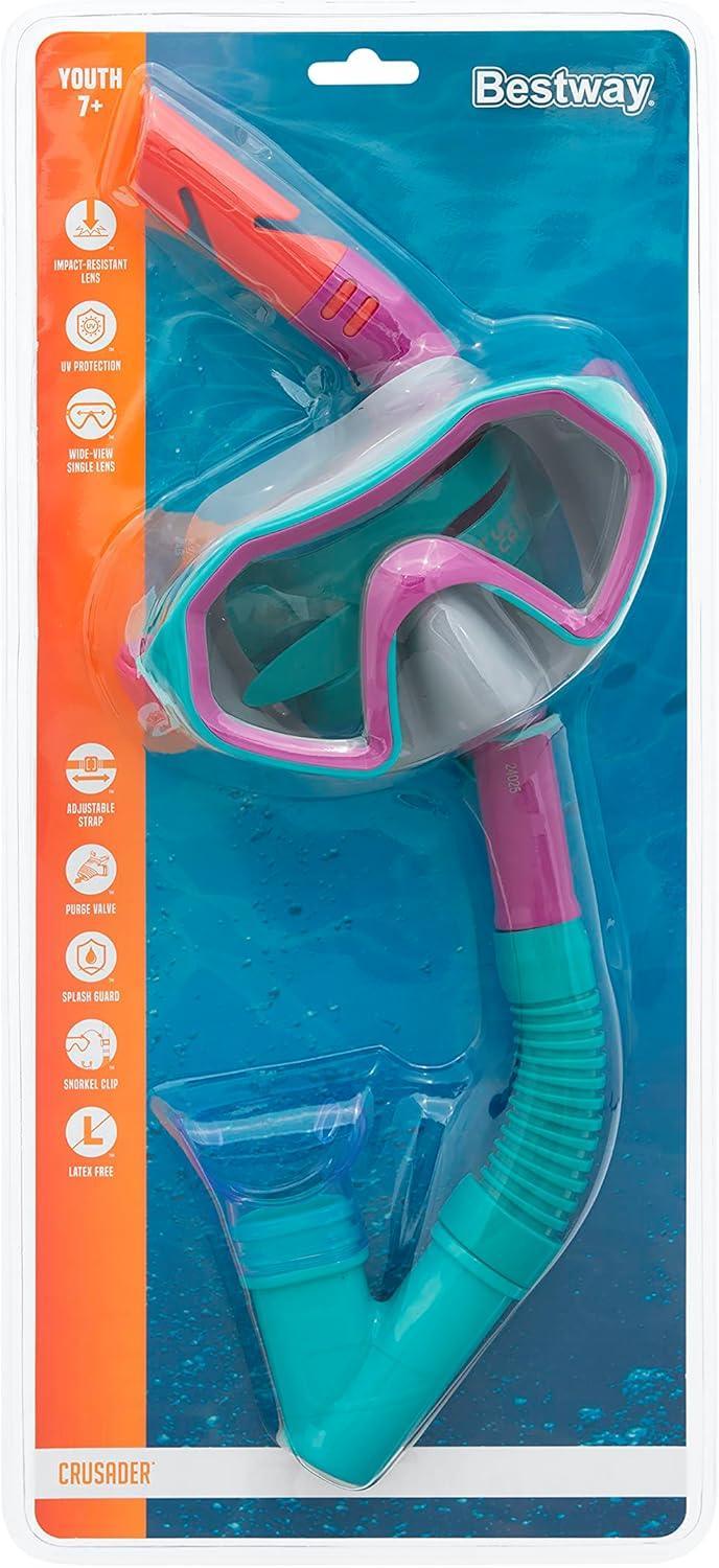 Bestway youth snorkeling set with pink and teal mask and snorkel in retail package