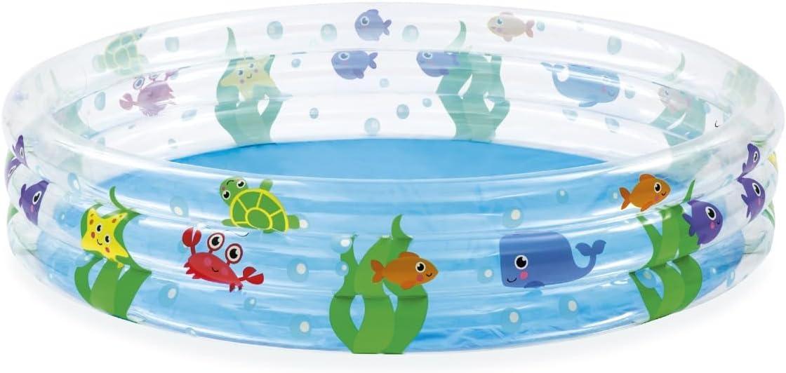 Inflatable kiddie pool with blue base and cartoon sea creatures and plants design