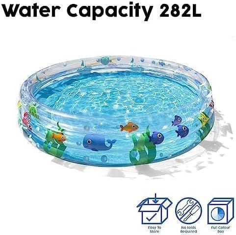 Inflatable kiddie pool with cartoon fish design, 282L water capacity, round portable swimming pool