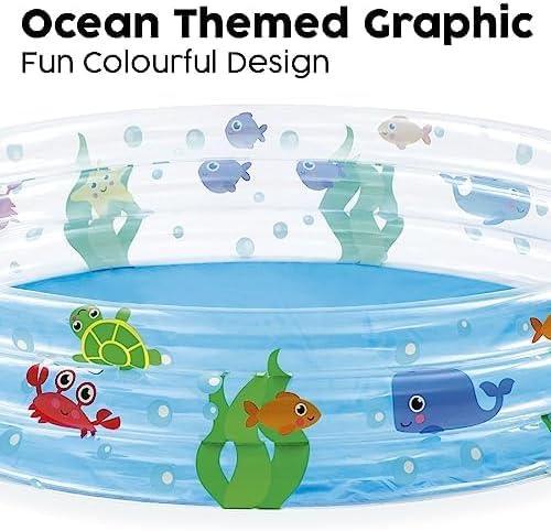 Kids inflatable pool with ocean theme, colorful fish, crab, turtle, and whale designs