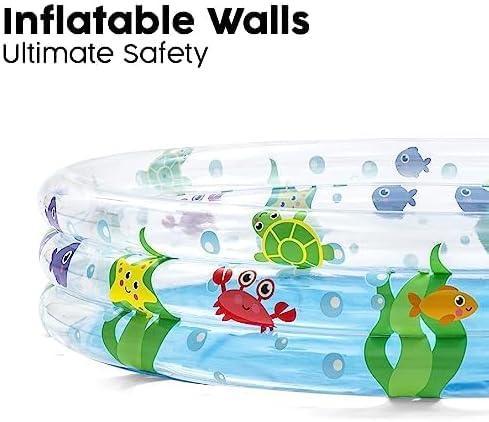 Inflatable kiddie pool with sea animal designs, clear walls, safe for kids swimming