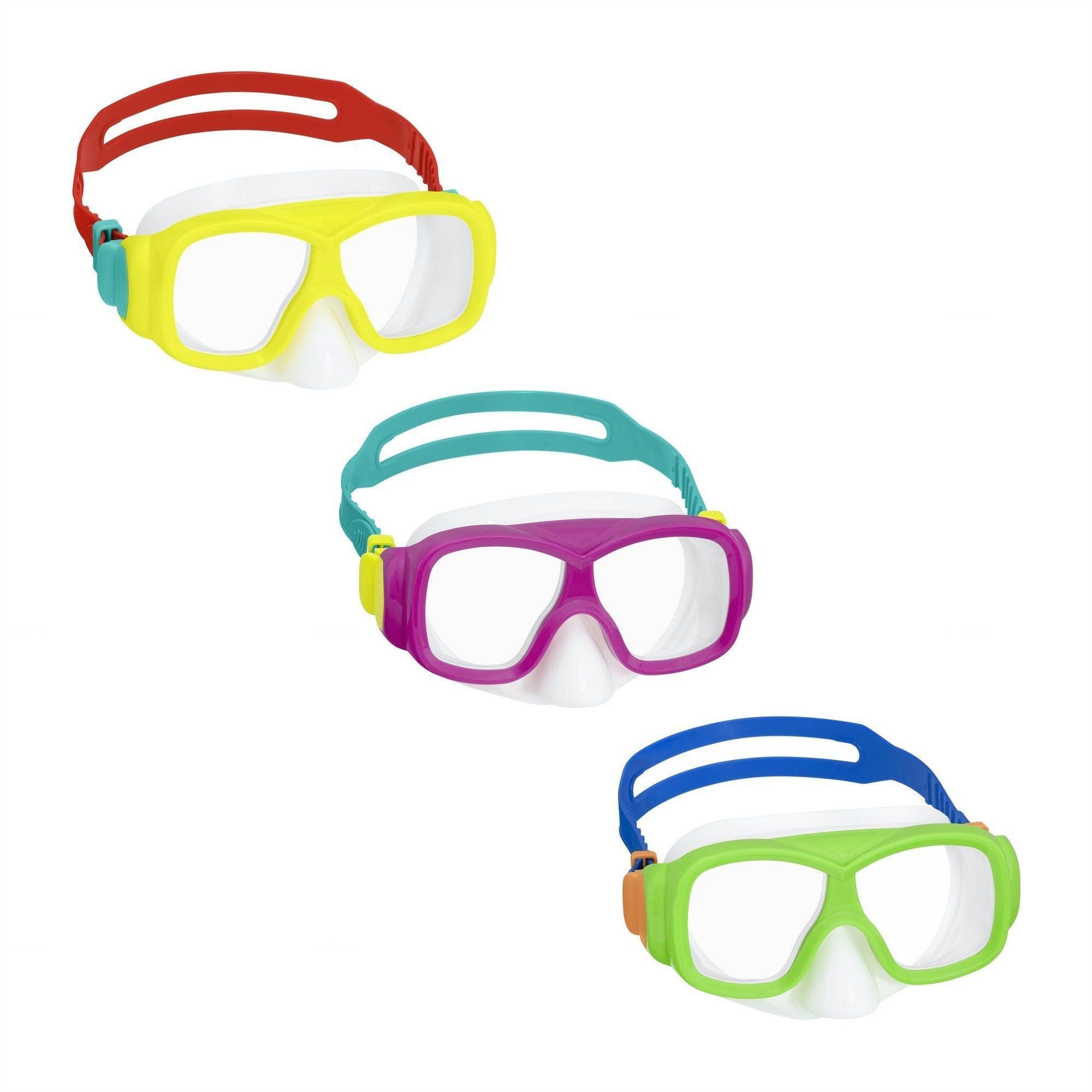 Three colorful kids' swim goggles with clear lenses on a white background