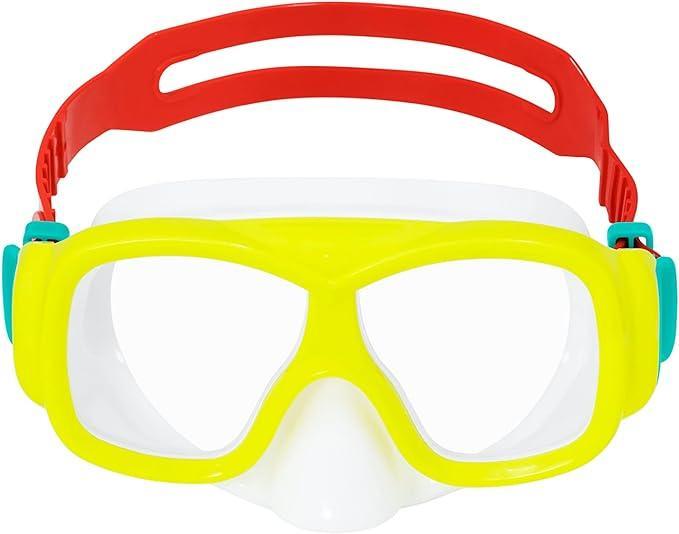 Kids yellow swimming goggles with red adjustable strap and blue side clips