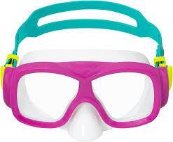 Pink and teal snorkeling mask with clear lenses on white background