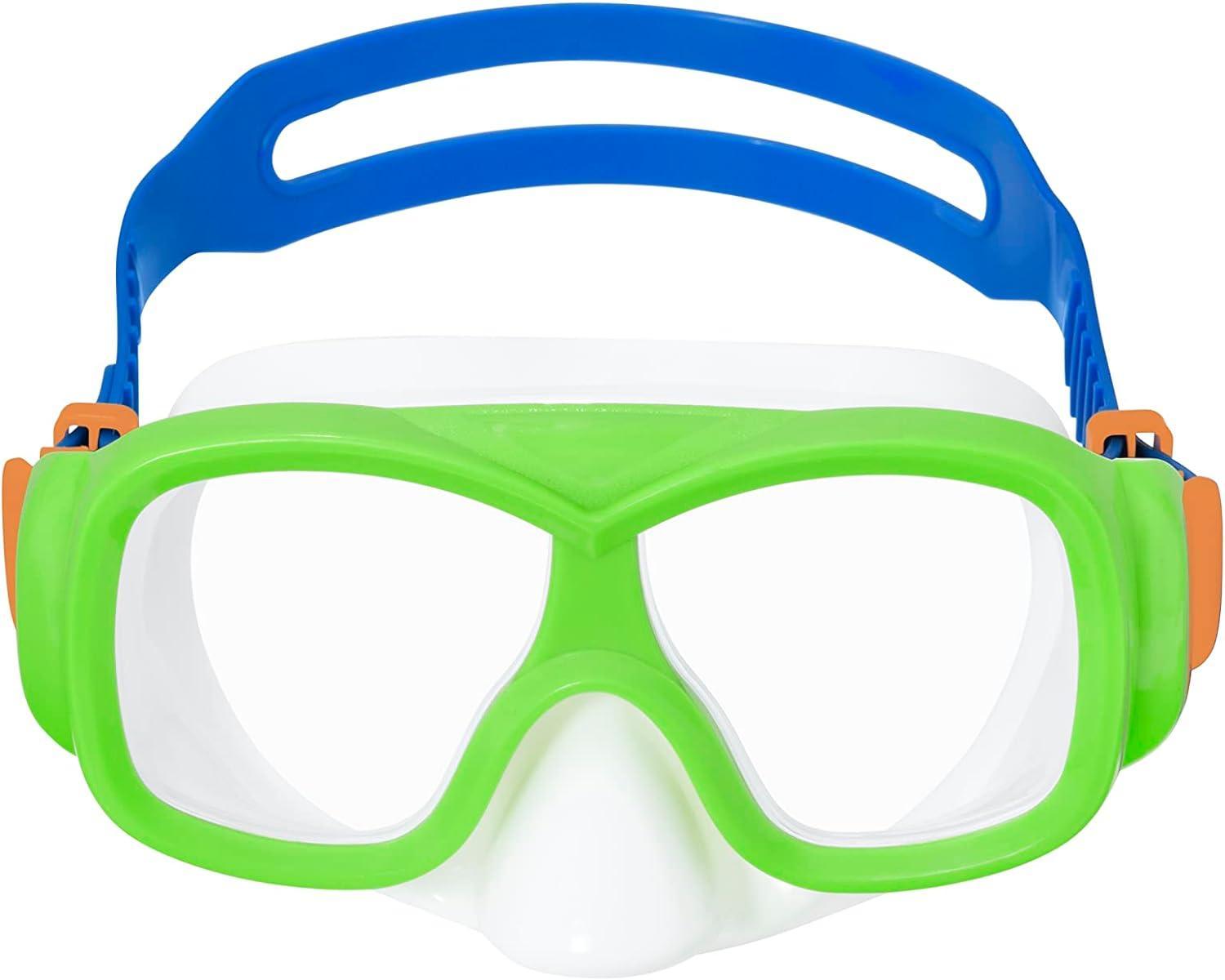 Green and blue kids swim goggles with clear lenses and adjustable strap