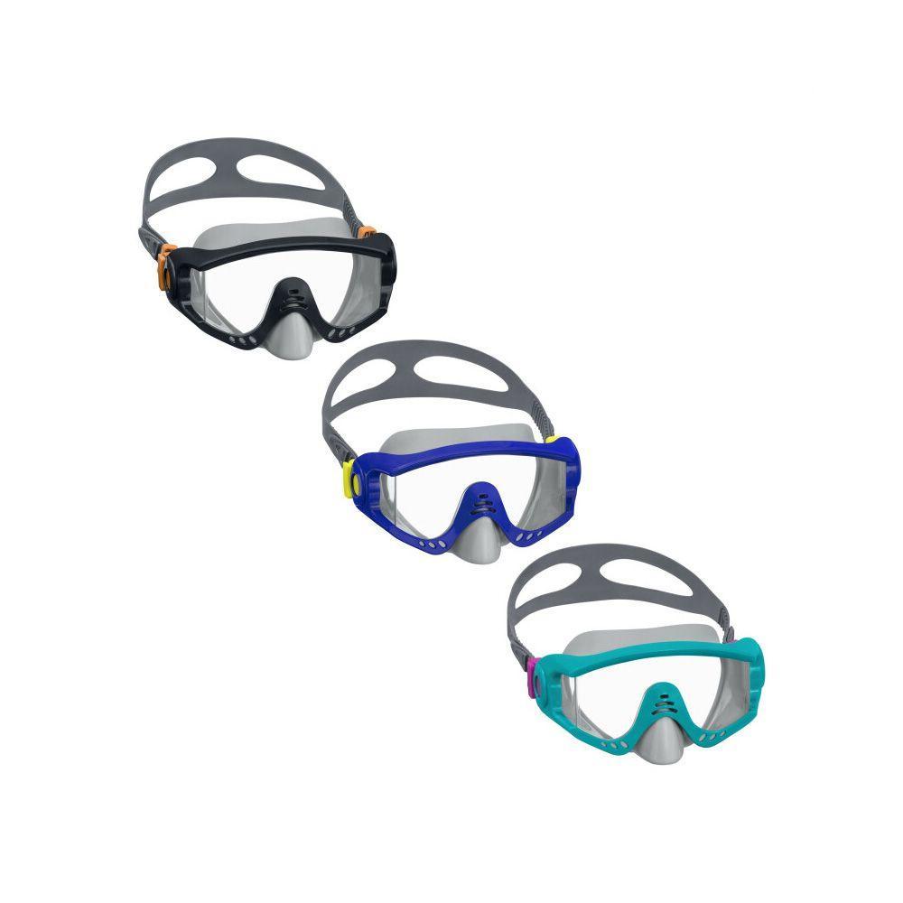 Three kids' swimming masks in black, blue, and teal with adjustable straps on white background