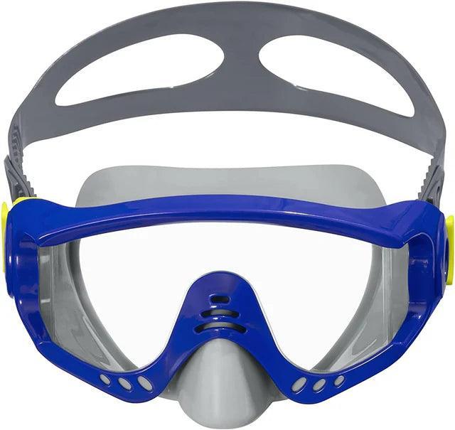 Blue and gray snorkeling mask with clear lens and adjustable strap