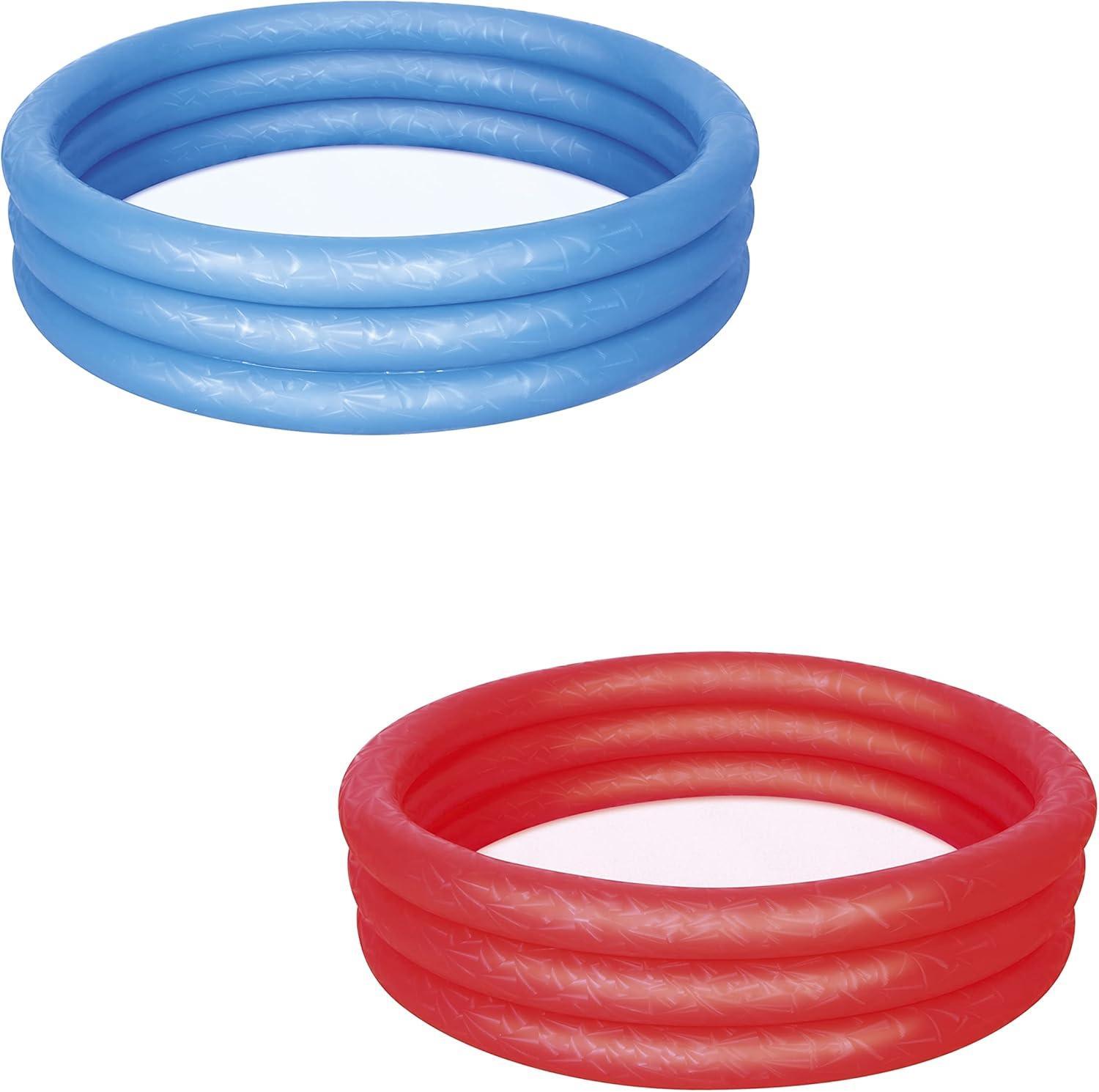 Blue and red inflatable kiddie pools with three rings on a white background