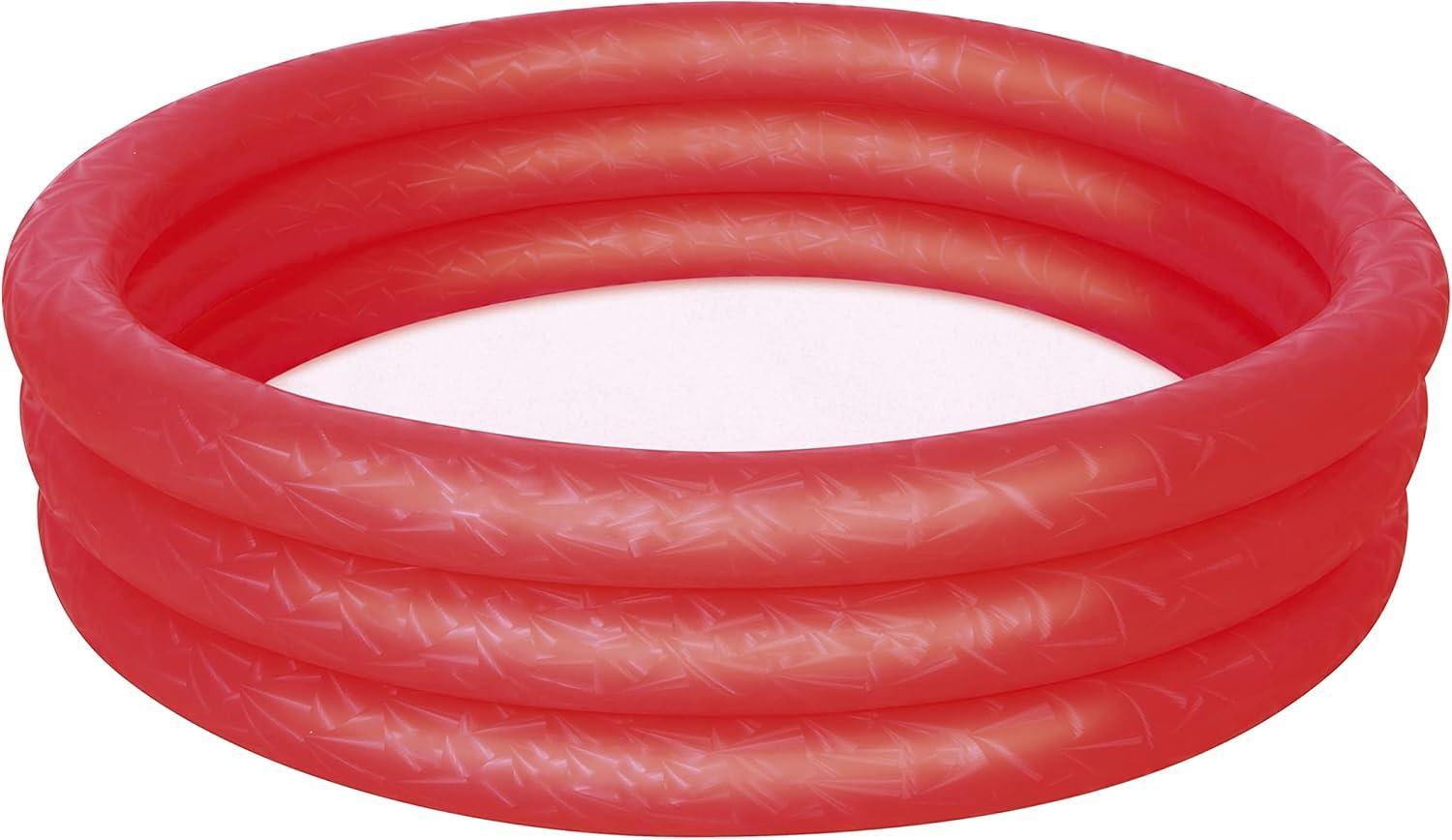 Red inflatable kiddie pool with three ring design on white background