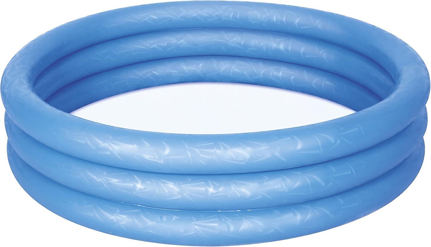 Blue inflatable kiddie pool with three rings and white base