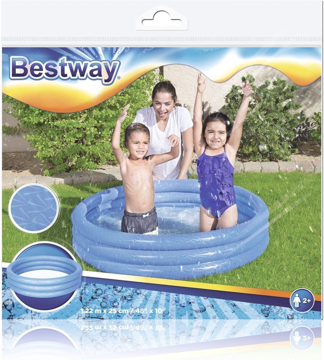 Bestway inflatable kiddie pool with two children and adult playing in backyard