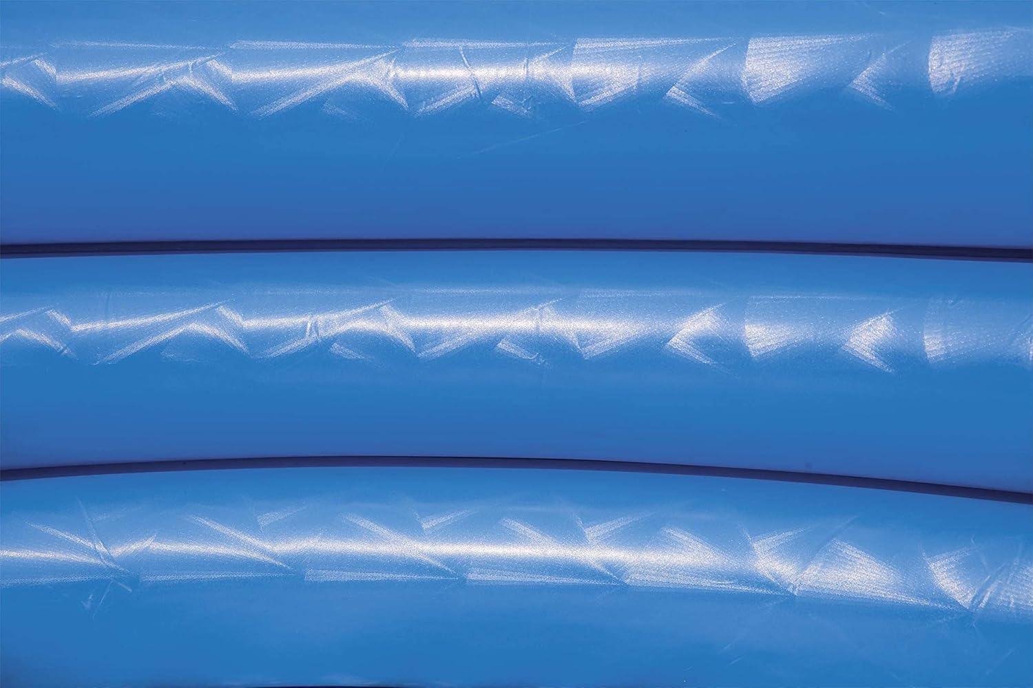 Close-up of blue inflatable pool wall with three air chambers and textured seams