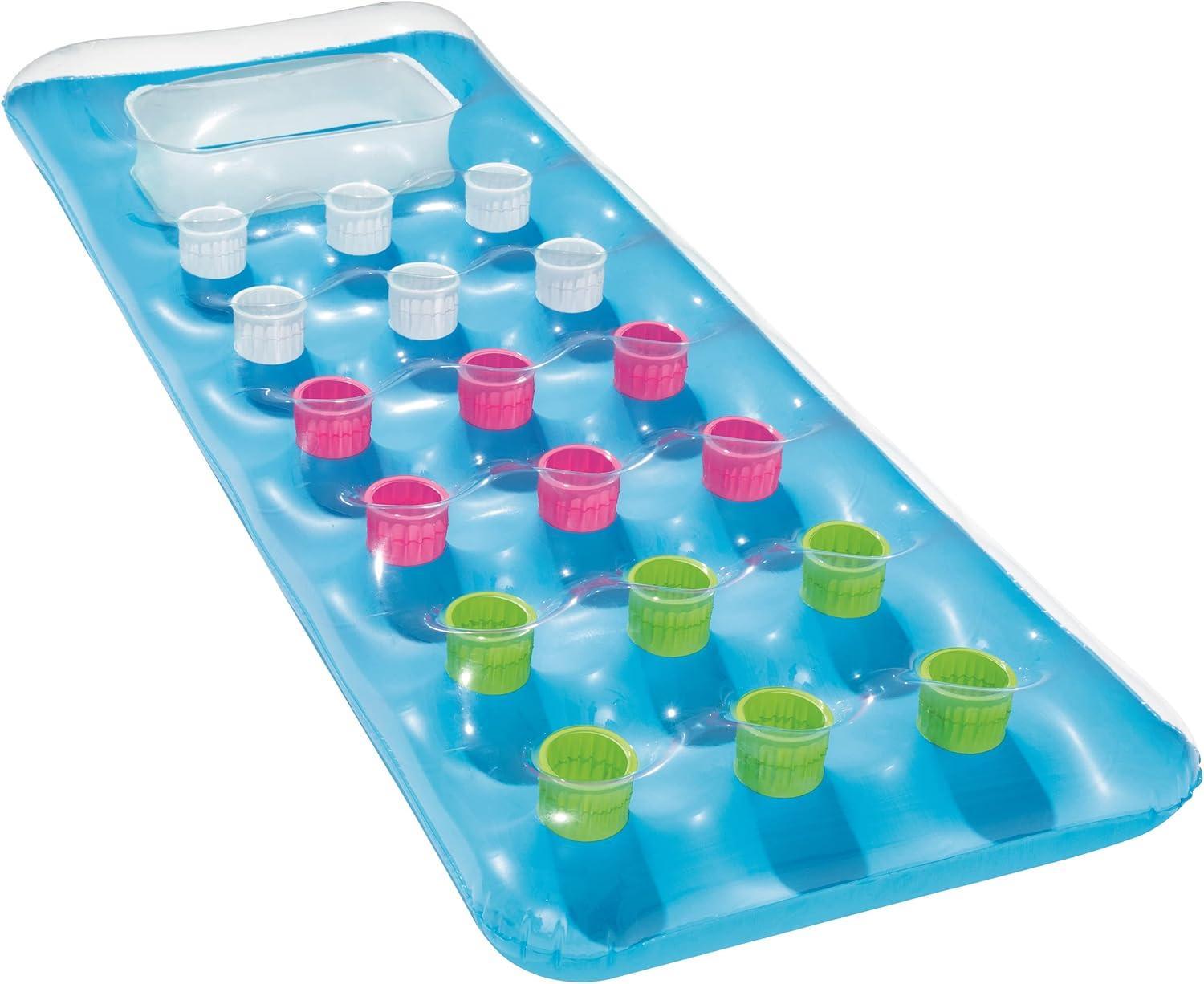 Blue inflatable pool float with built-in cup holders in white, pink, and green