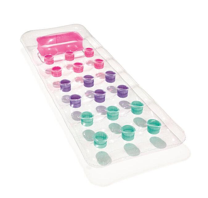 Clear inflatable pool lounger with colorful cup holders and a pink headrest on white background