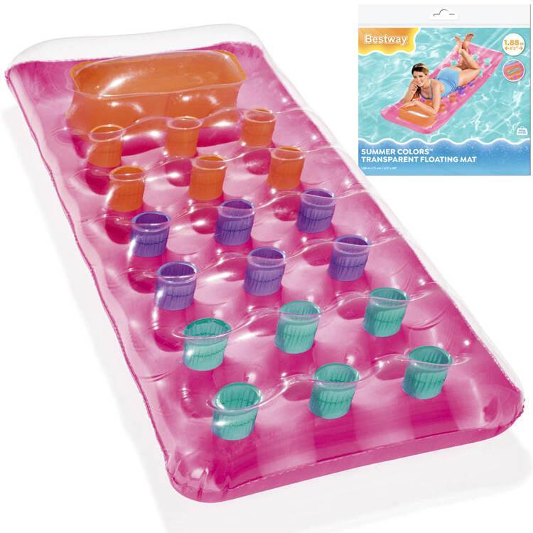 Bestway pink inflatable mattress with colorful cup holders and orange headrest, product box shown