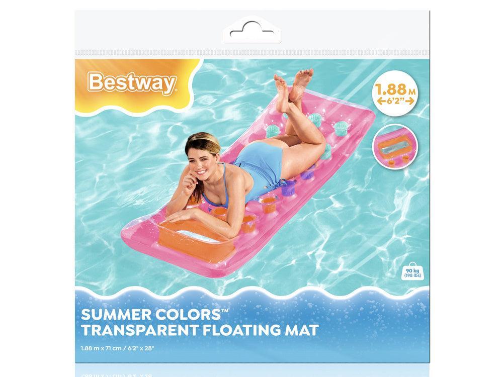 Woman relaxing on a pink Bestway inflatable mattress in a pool, summer floating mat