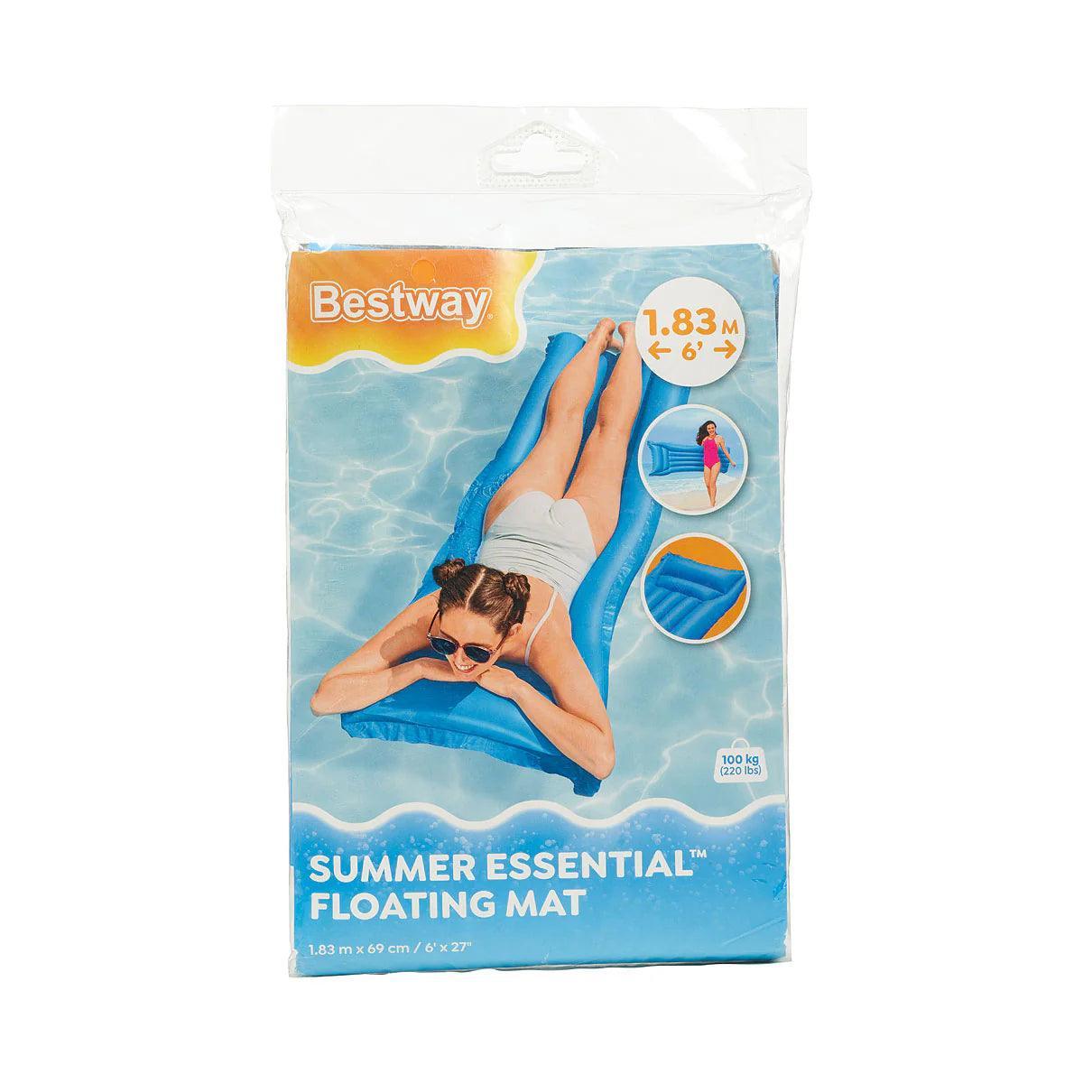 Bestway Summer Essential Floating Mat packaging with woman on blue pool float