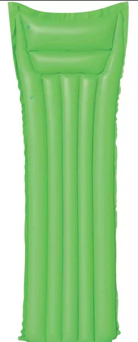 Green inflatable pool air mat with pillow, Bestway 183x69cm, isolated on white background