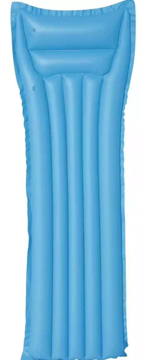 Blue inflatable pool air mattress with pillow, rectangular design, Bestway finish