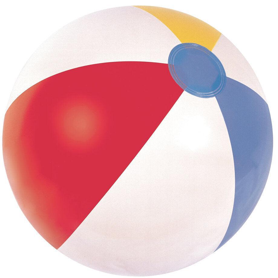 Colorful inflatable beach ball with red, white, yellow, and blue panels on white background