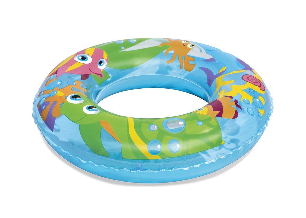 Blue inflatable swim ring with colorful cartoon sea creatures and bubbles design