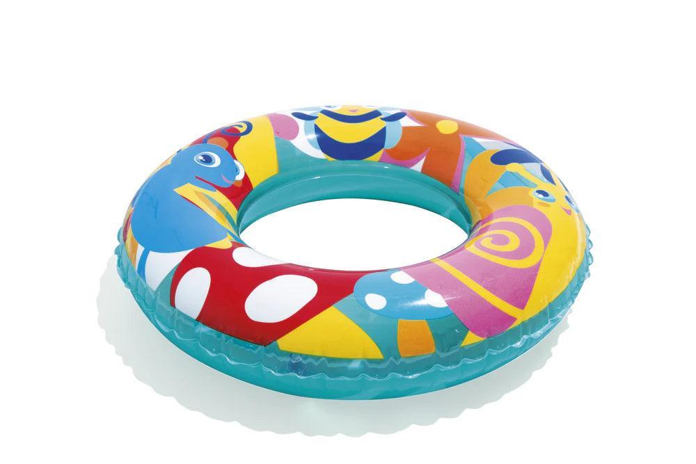 Colorful kids swim tube with playful animal designs on a white background