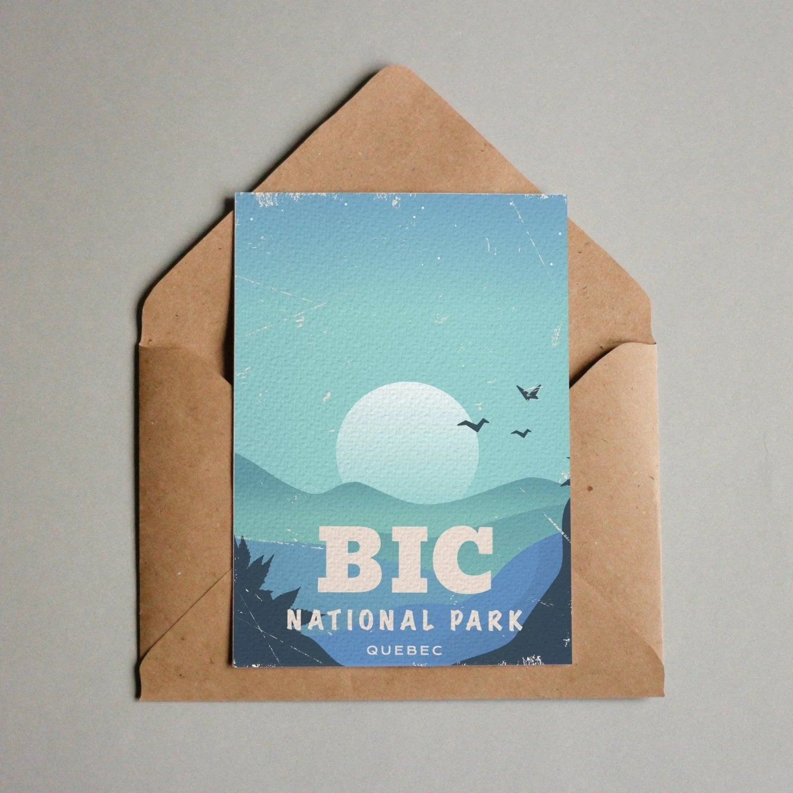 Bic National Park Quebec postcard with blue mountain illustration, envelope background