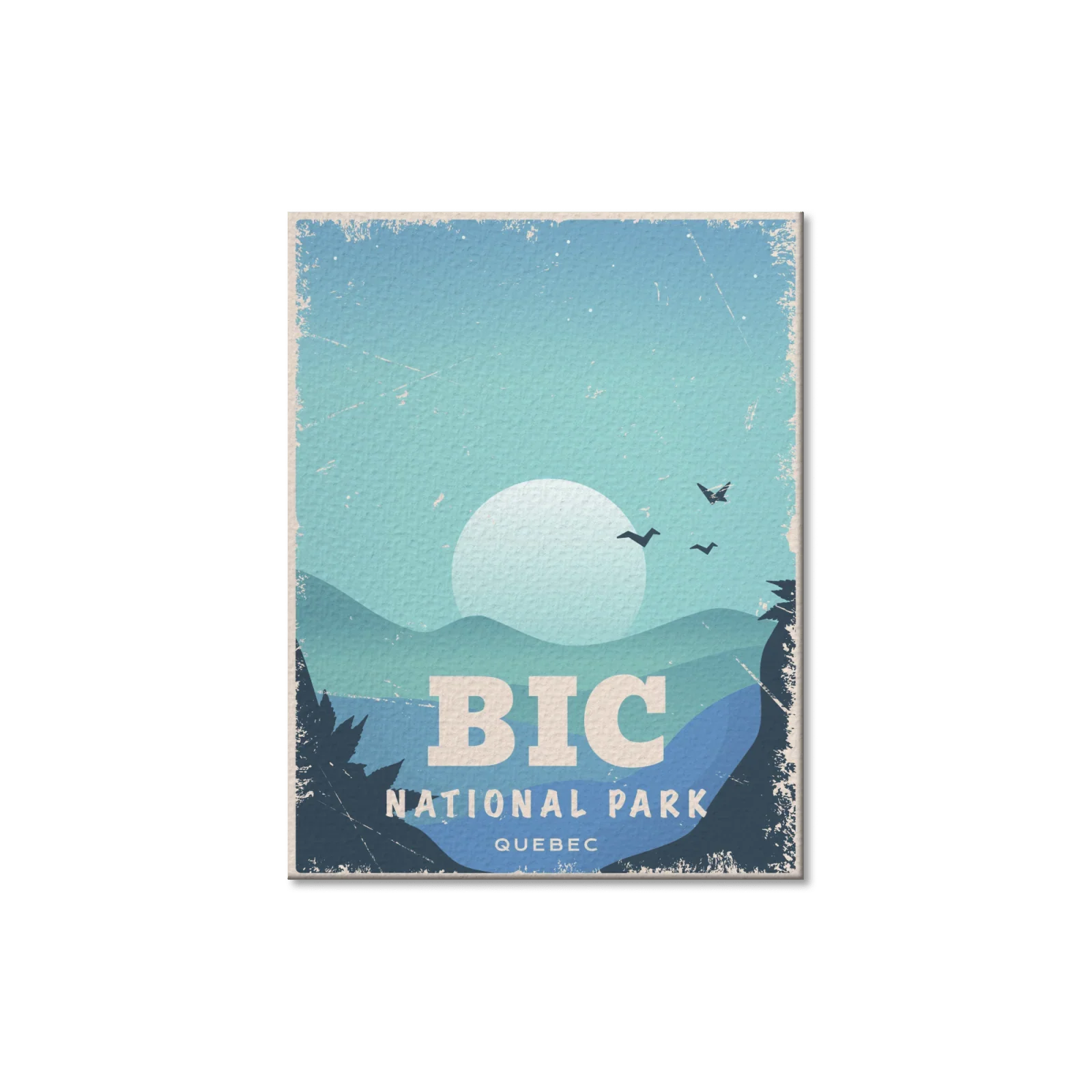 Vintage postcard with sun, mountains, and birds at Bic National Park Quebec