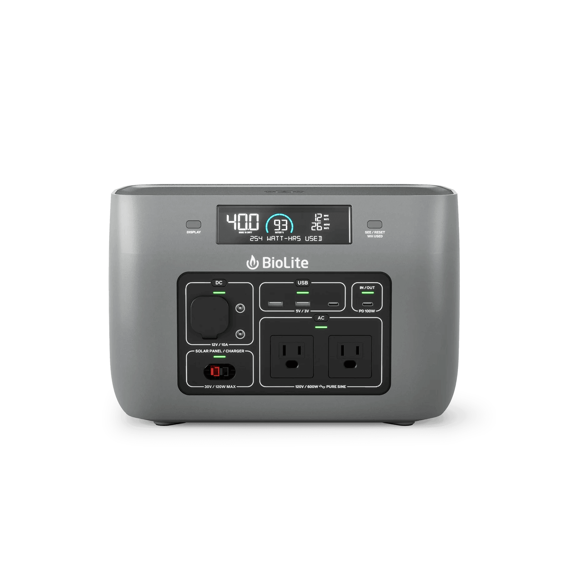 BioLite BaseCharge 600 portable power station with digital display and multiple outlets
