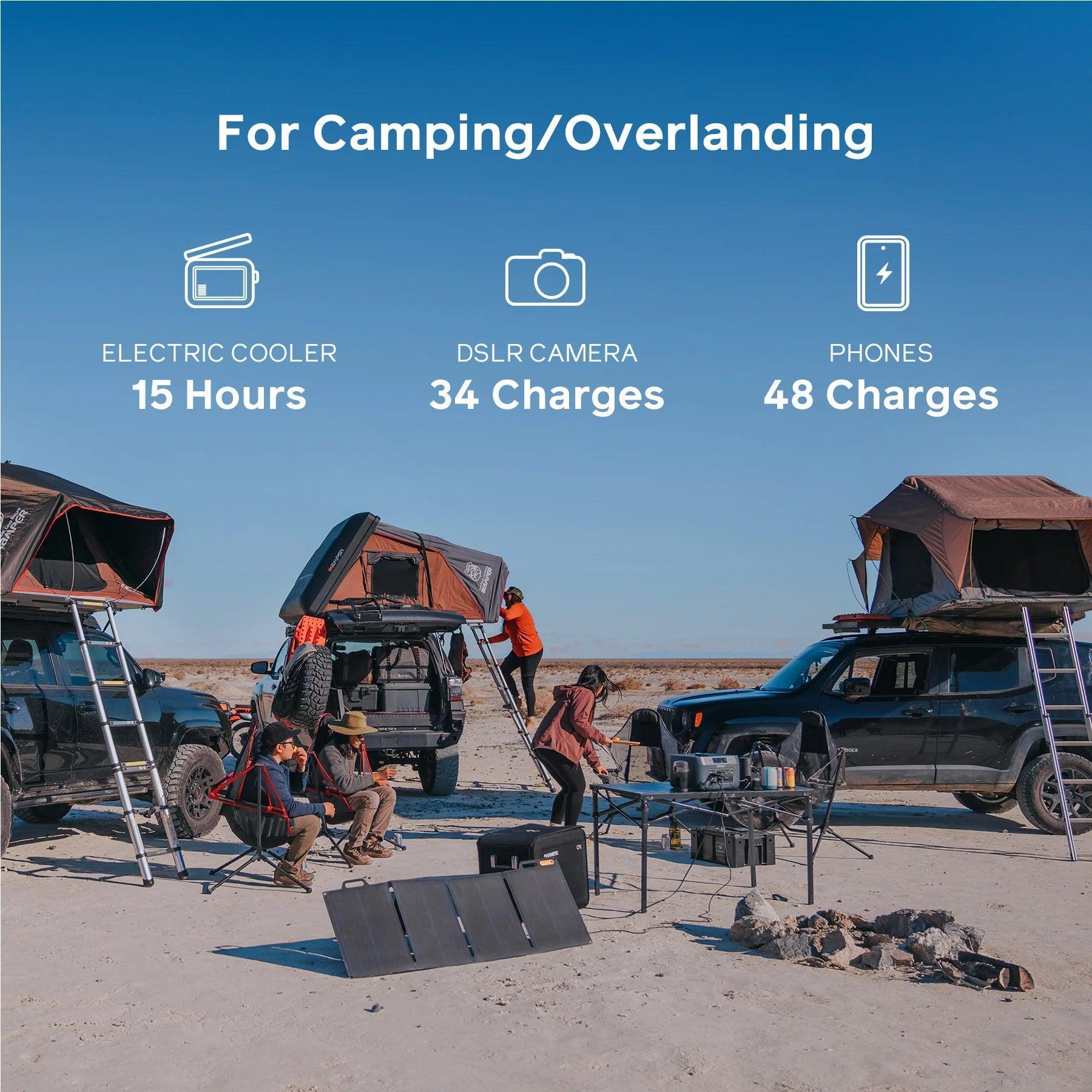 BaseCharge 600 portable power station setup at desert campsite with rooftop tents and solar panels